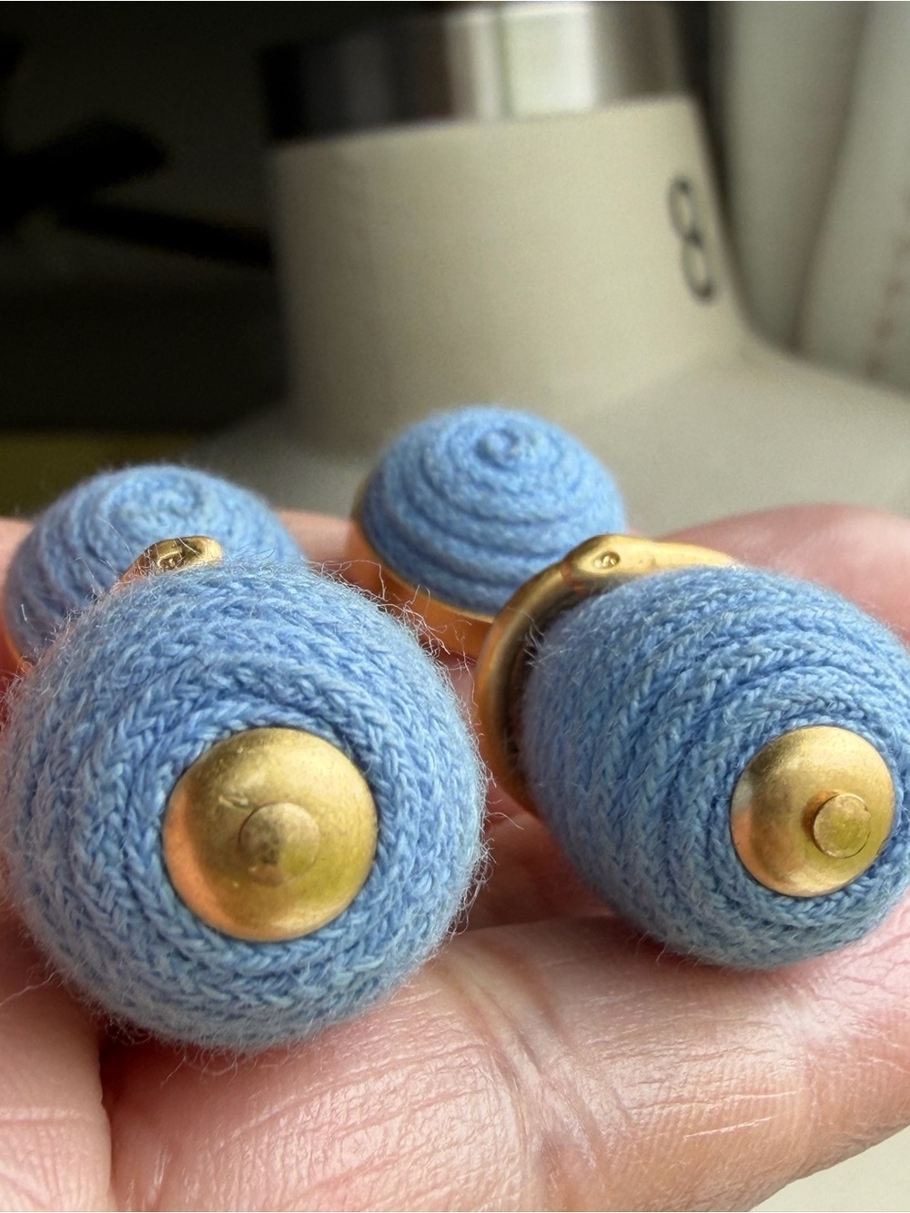 Hand-Wrapped Light Blue Woven Textile Drop Earrings with Gold Serpent Accents - Picture 10 of 13